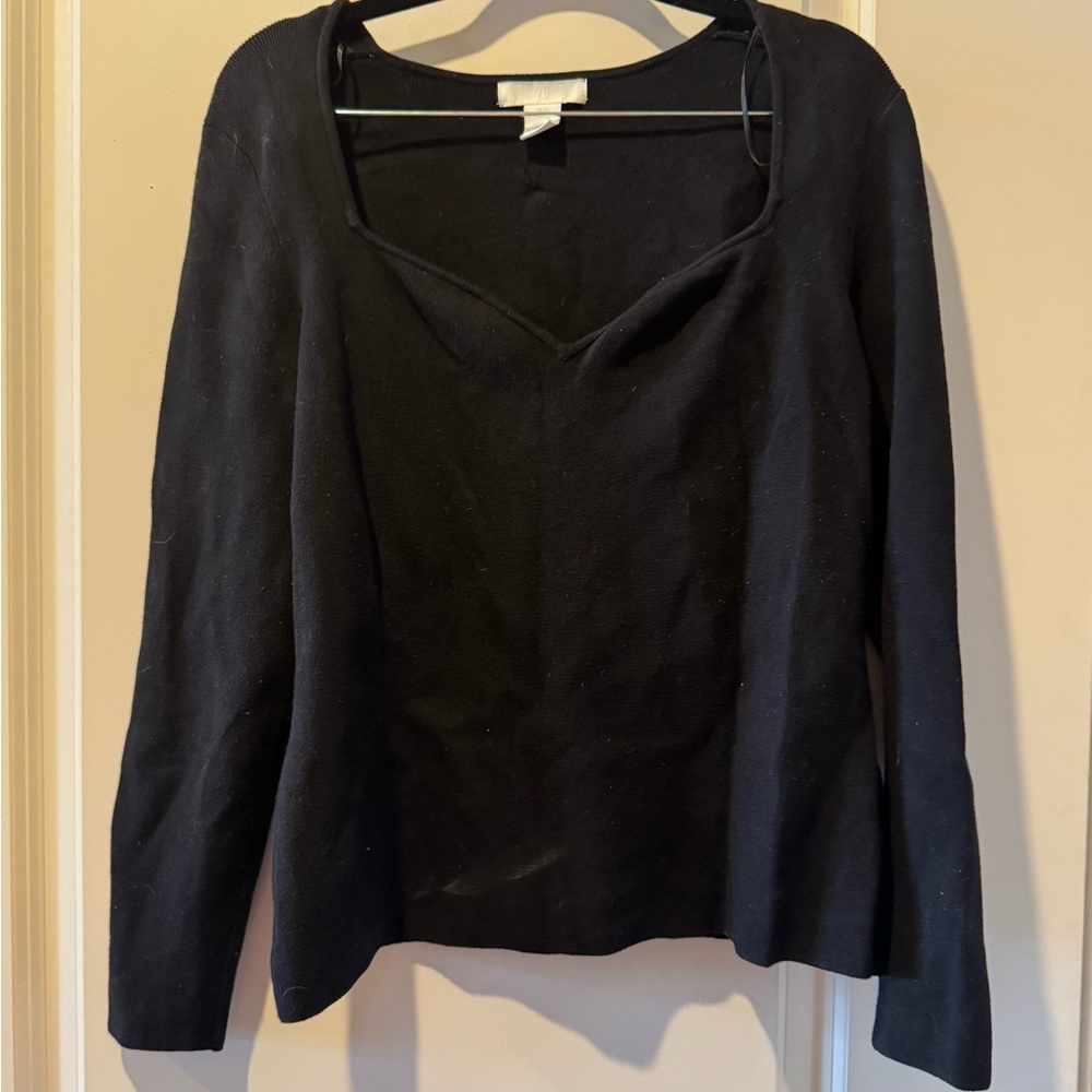 H&M Black Long Sleeve Knit Top with V Notch Neckline - Size XL